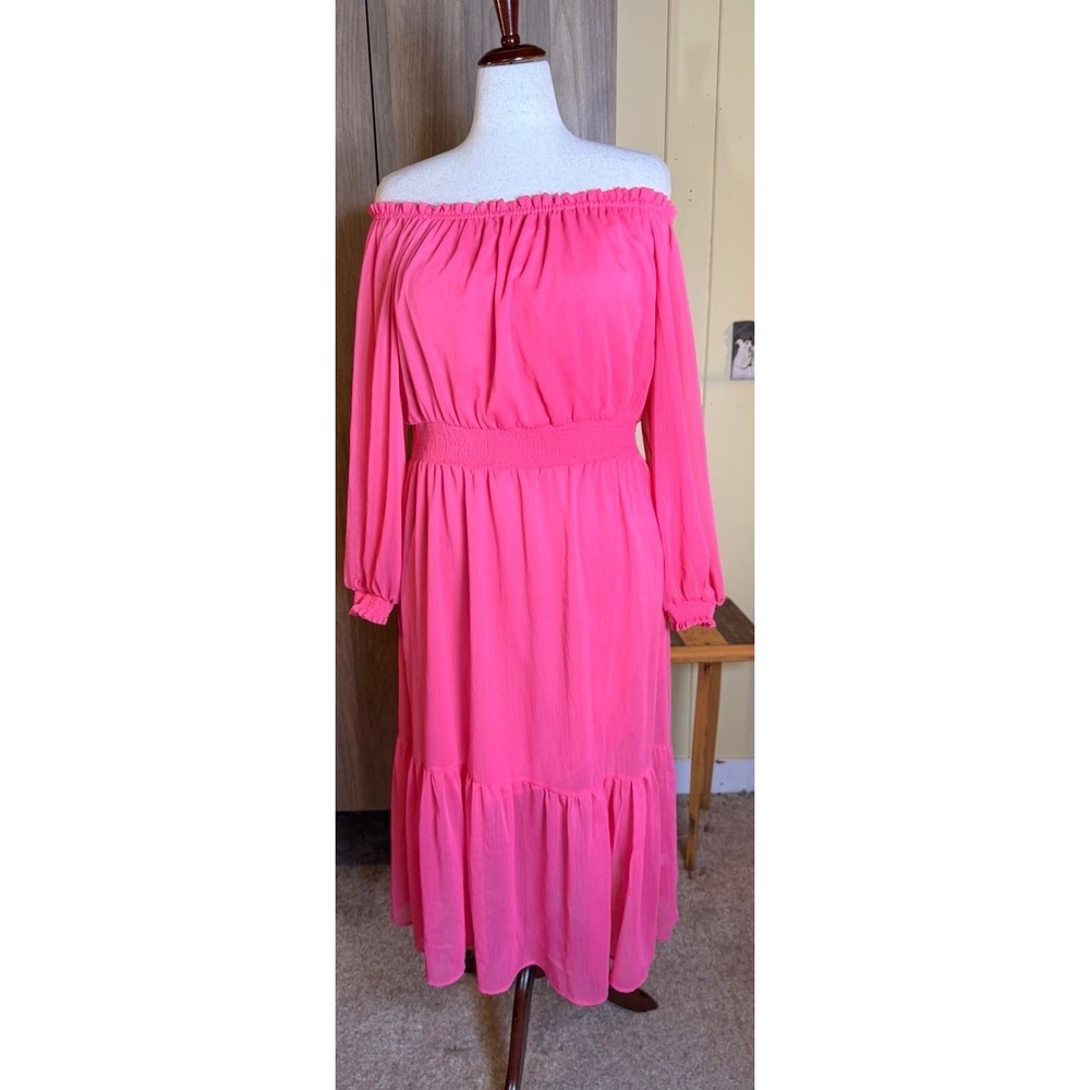 454.  Romantic Boho Festival Pink Off Shoulder Smocked Maxi Dress XL Vacation - Picture 2 of 5